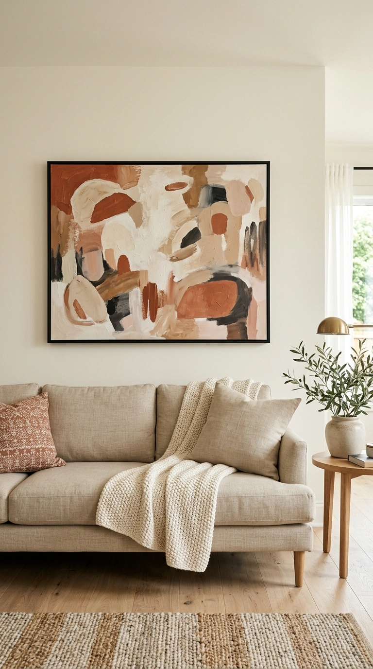 001 Oversized Statement Art A living room with a neutr