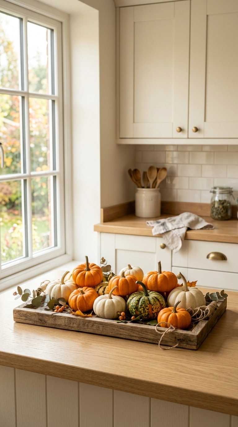 16 Gorgeous Fall Kitchen Ideas for a Warm and Cozy Home 2 001 Pumpkin Counter Display A cluster of mini pumpkins
