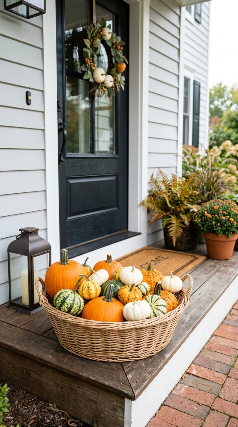 16 Beautiful Fall Basket Ideas to Add Seasonal Charm 2 001 Pumpkin Filled Basket A wide shallow wicker basket