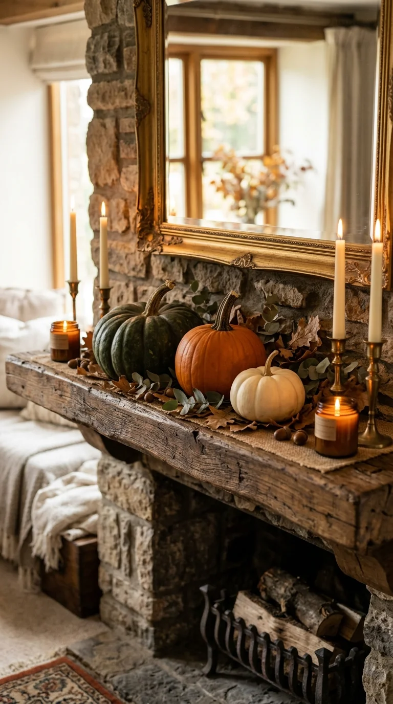 001 Pumpkin Trio Centerpiece A fireplace mantel with t