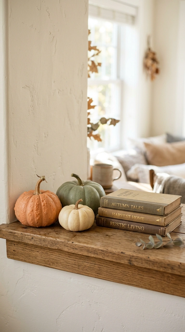 19 Trendy Fall Shelf Decor Ideas for Any Room 2 001 Pumpkin Trio Display A wooden shelf styled with th