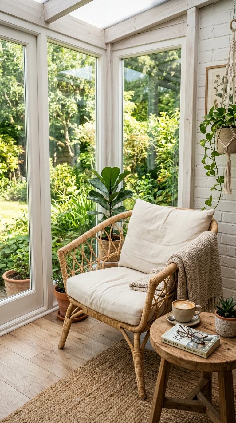 18 Sunroom Ideas for a Bright and Cozy Retreat 2 001 Rattan Lounge Corner A sunroom corner with a woven