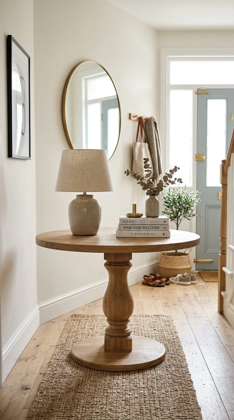 001 Round Pedestal Table An entryway with a round wood