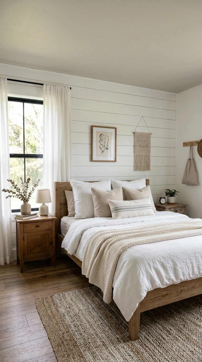 001 Shiplap Accent Wall A farmhouse bedroom with a whi