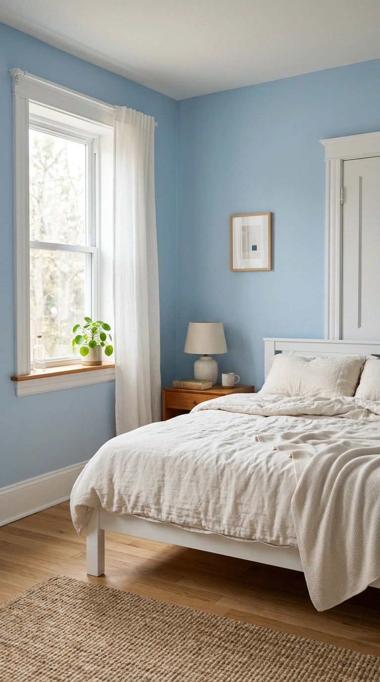 001 Soft Blue Walls A bedroom with pale powdery blue w