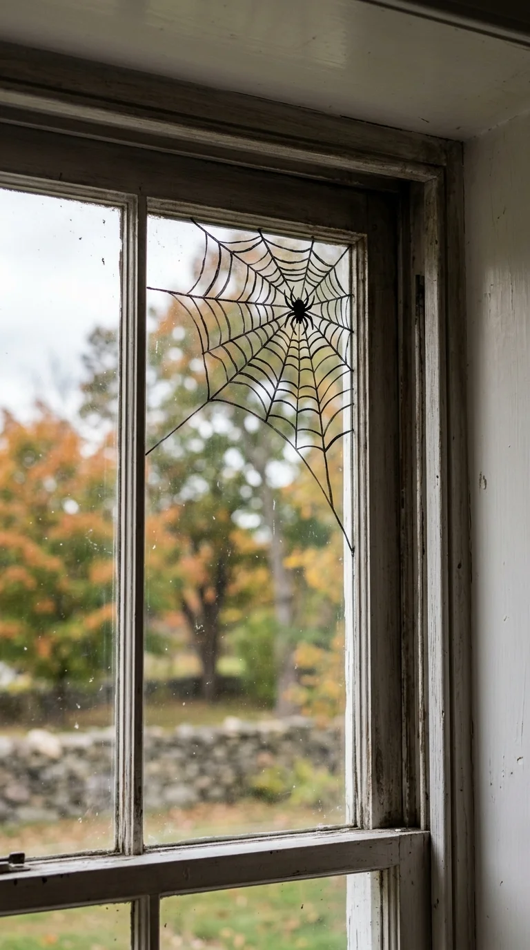 22 Halloween Window Painting Ideas to Make Your Home Stand Out 2 001 Spooky Spider Web A close up of a home window with