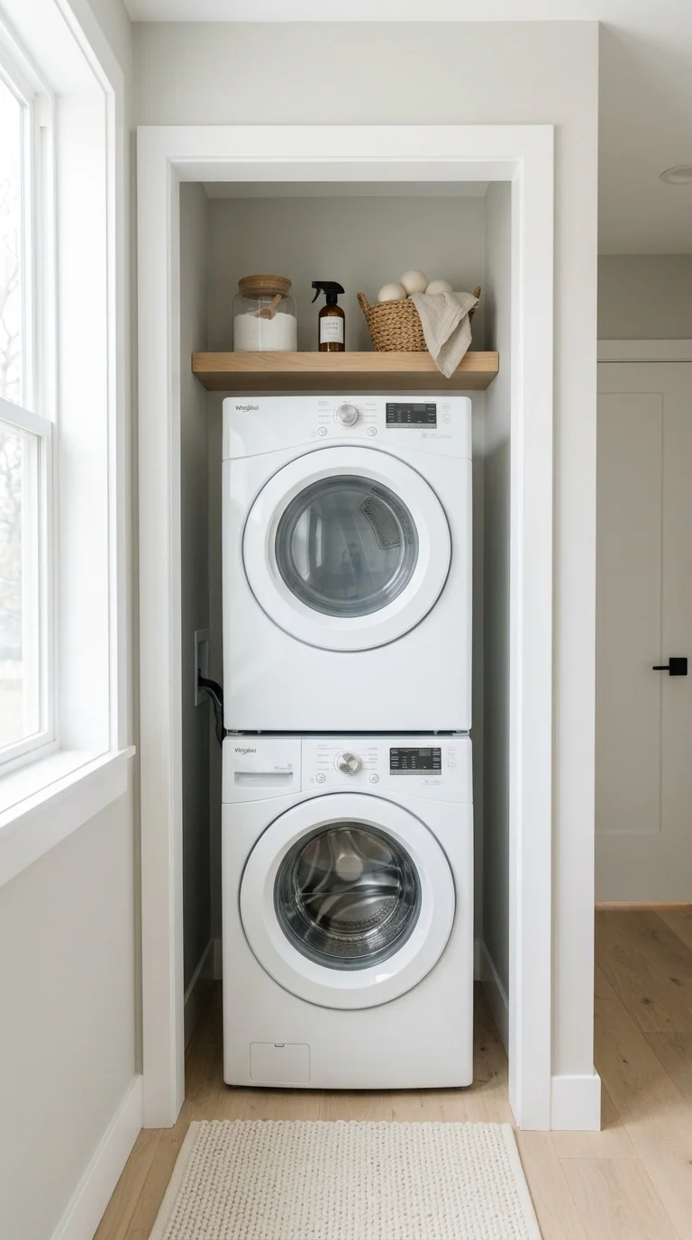 001 Stack the Washer A narrow laundry closet with a wh