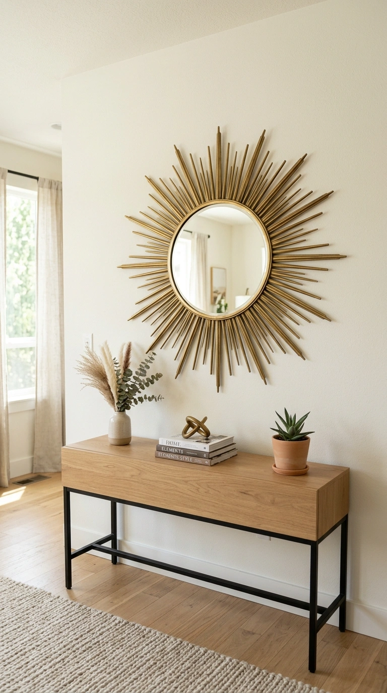 15 Modern Art Deco Home Decor Ideas for a Stylish Home 1 001 Sunburst Mirror Wall A living room wall with a lar