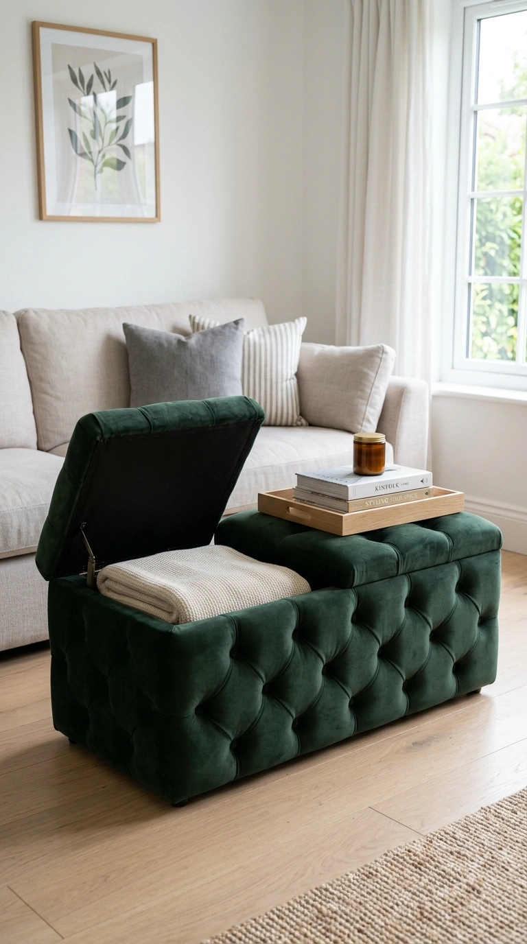001 Tufted Velvet Storage Ottoman A deep forest green