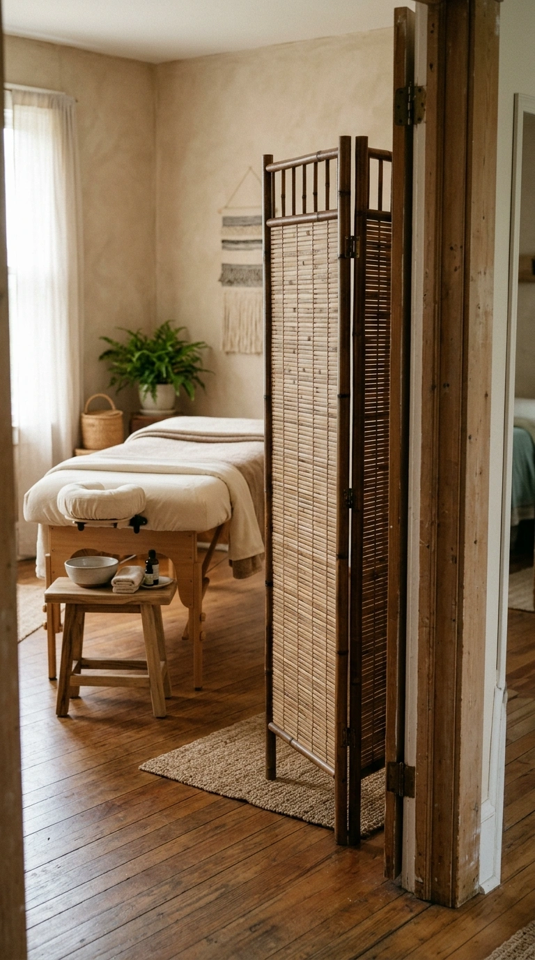 24 Dreamy Massage Room Ideas for Your Own Home Spa 3 002 Bamboo Privacy Screen A folding bamboo screen stan