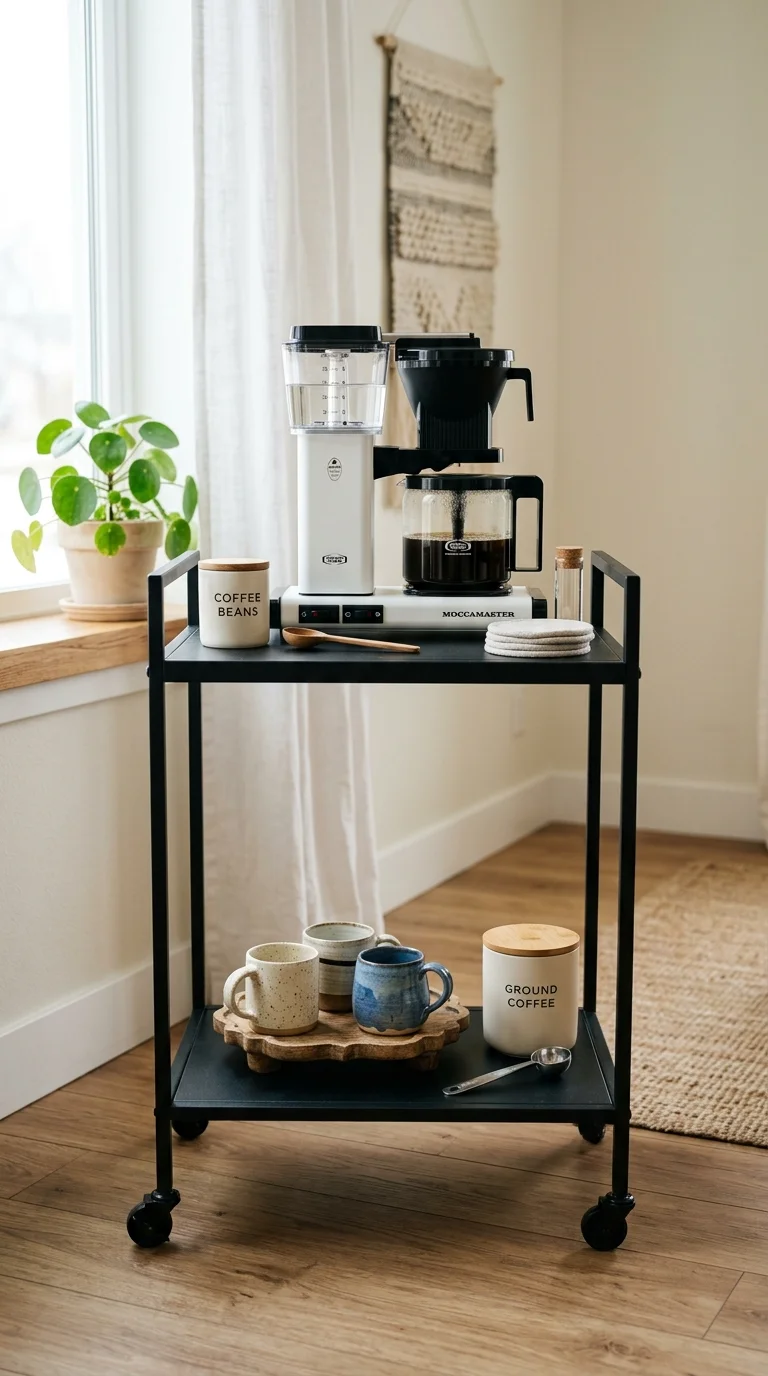 002 Bar Cart Setup A small black metal two tier bar ca