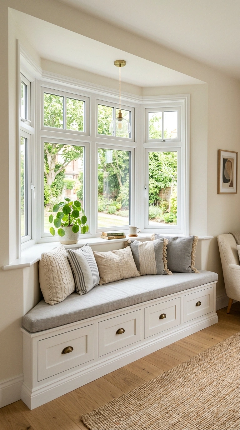 23 Simple Reading Nook Ideas You Can Set Up Today 3 002 Bay Window Bench A built in white bench with stora
