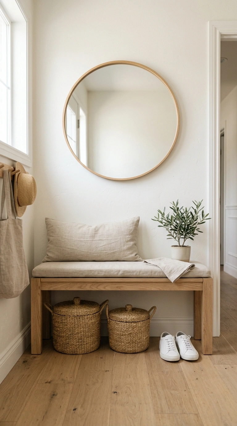 23+ Stunning Entryway Decor Ideas To Try Now 3 002 Bench With Baskets A simple pale oak bench against