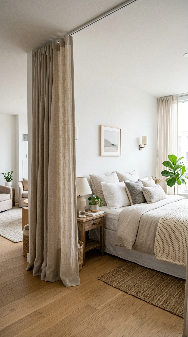 21 Smart Bedroom Divider Ideas for Stylish Studio Apartments 3 002 Curtain Wall Divider A floor to ceiling linen curt