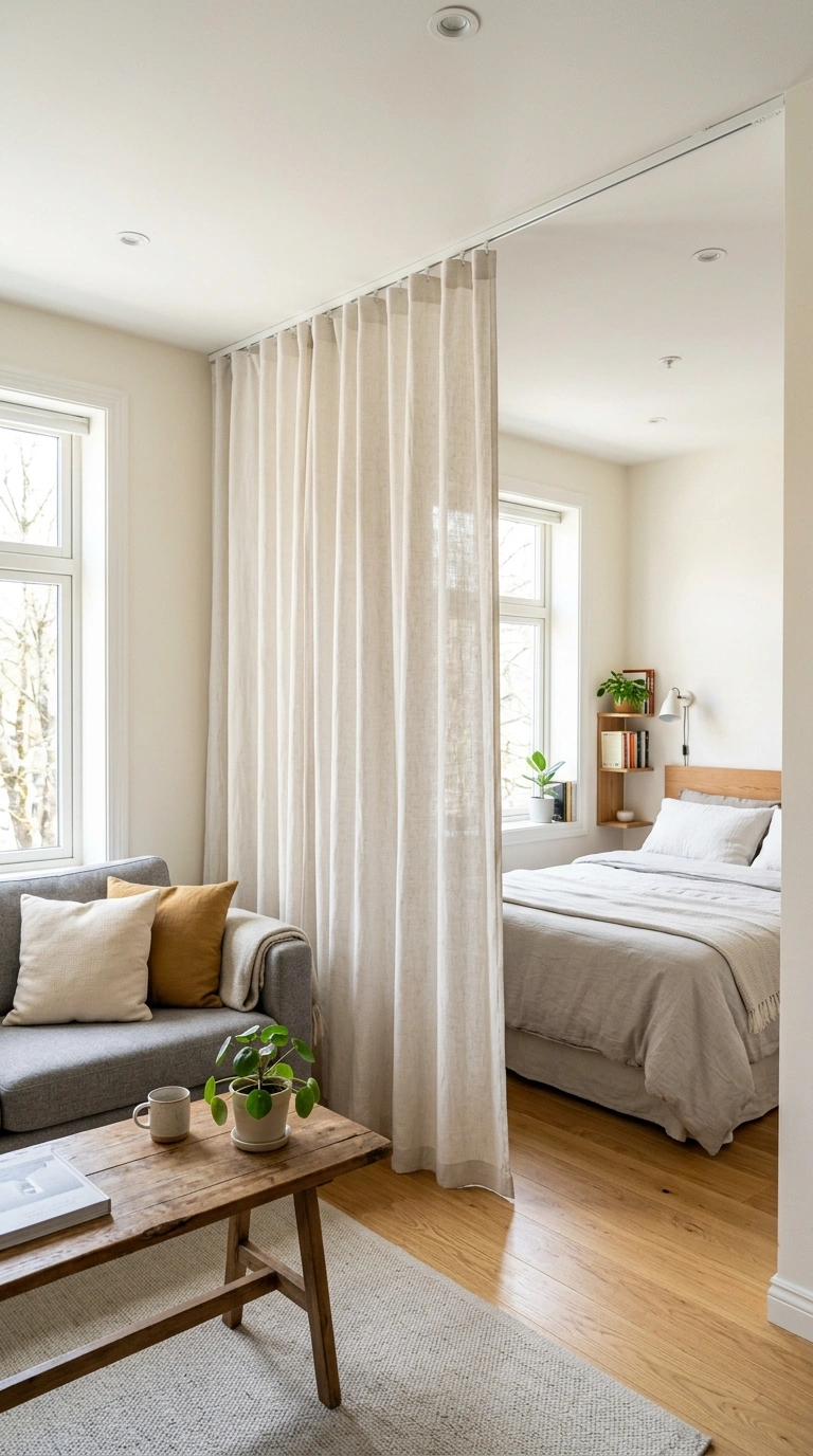 002 Curtain Zone Separator A studio apartment with a f