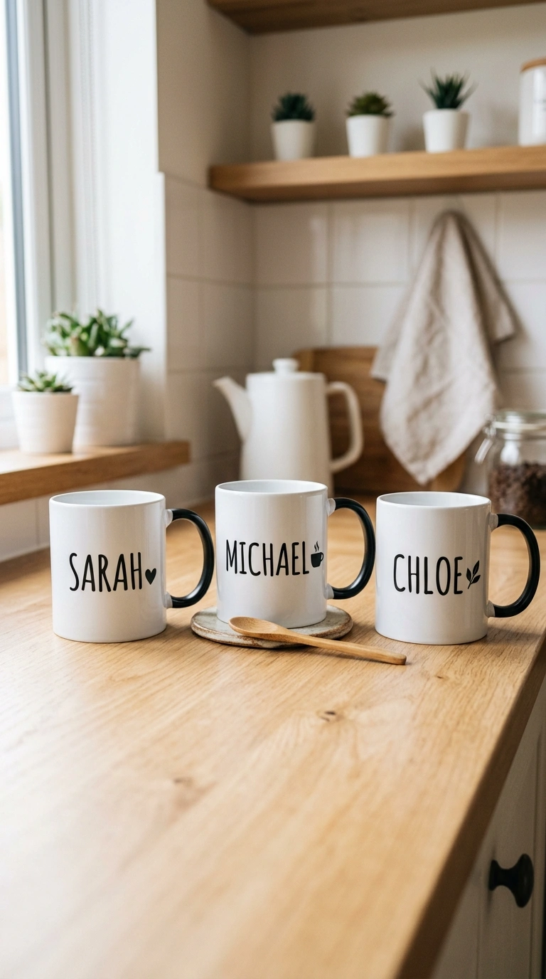 002 Custom Vinyl Coffee Mugs A kitchen counter with th