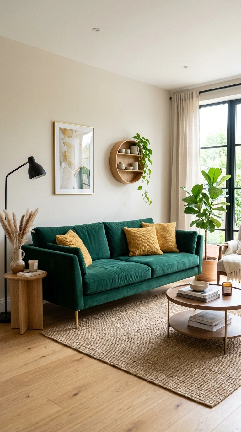 15 Modern Art Deco Home Decor Ideas for a Stylish Home 2 002 Emerald Velvet Sofa A living room centered on a de