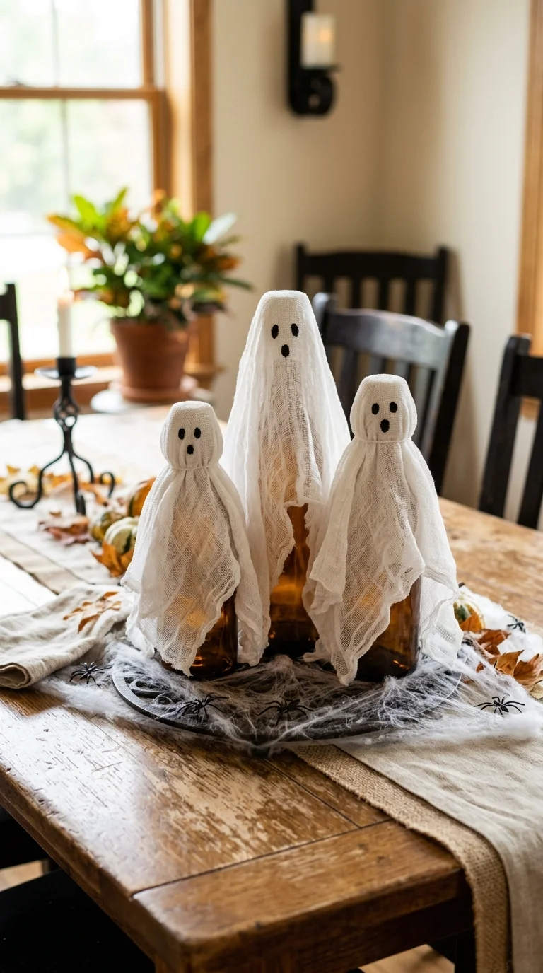 21 Dollar Tree Halloween DIY Ideas for a Spooky Home 3 002 Ghost Bottle Centerpiece A wooden dining table wit