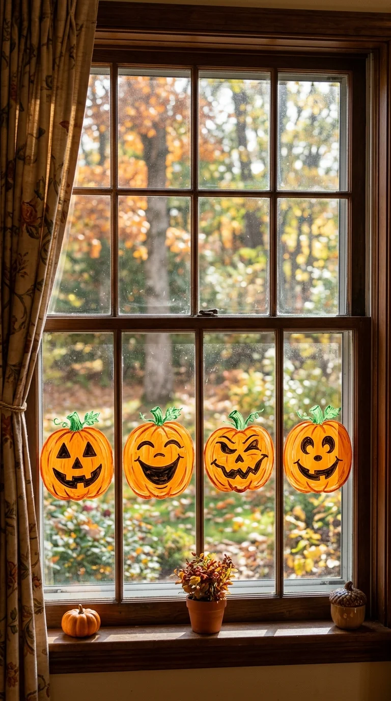 22 Halloween Window Painting Ideas to Make Your Home Stand Out 3 002 Grinning Jack o Lanterns A wide home window painte