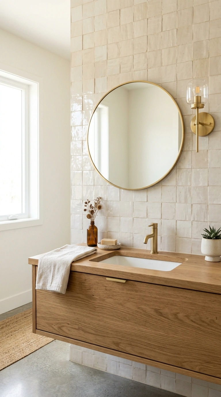 24 Bathroom Backsplash Ideas For Every Budget And Style 3 002 Handmade Zellige Tile A wood vanity below a warm w