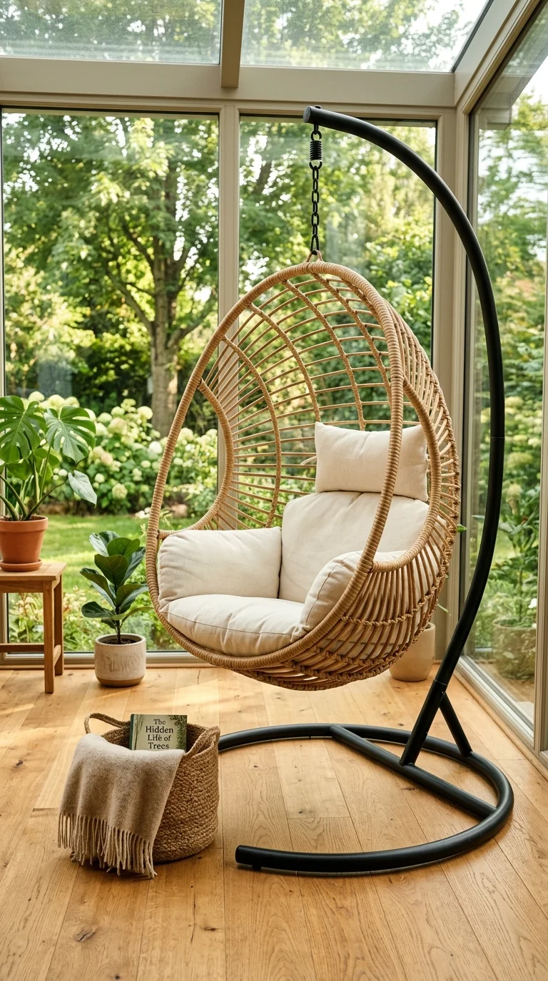 18 Sunroom Ideas for a Bright and Cozy Retreat 3 002 Hanging Egg Chair A sunroom with a hanging rattan
