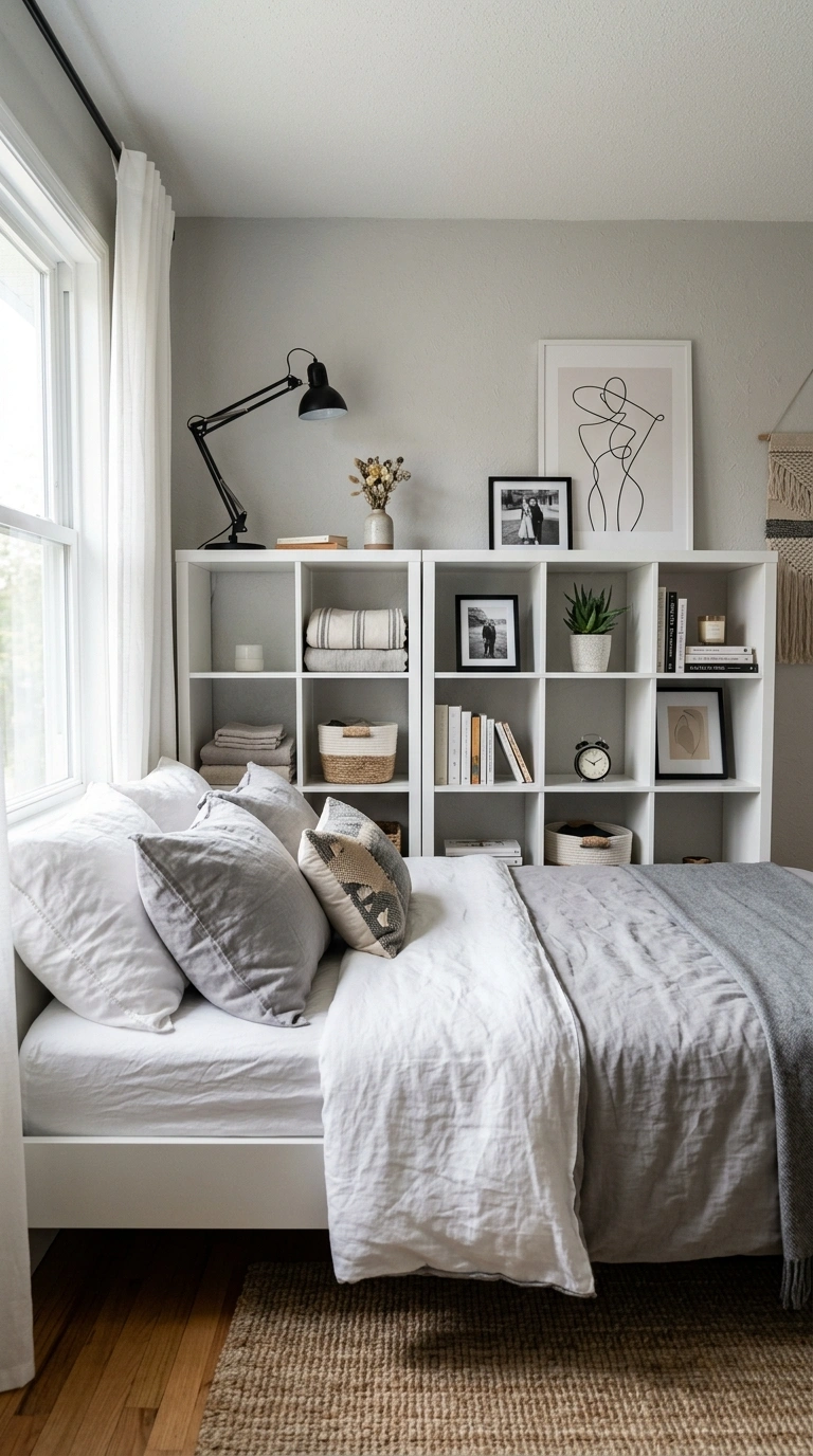 002 Kallax Headboard Wall Two white Kallax shelving un 1