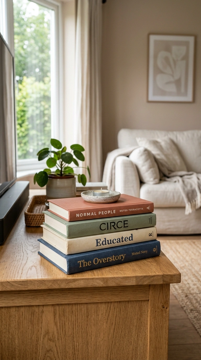 002 Layered Book Stacks A wood TV stand corner with fo