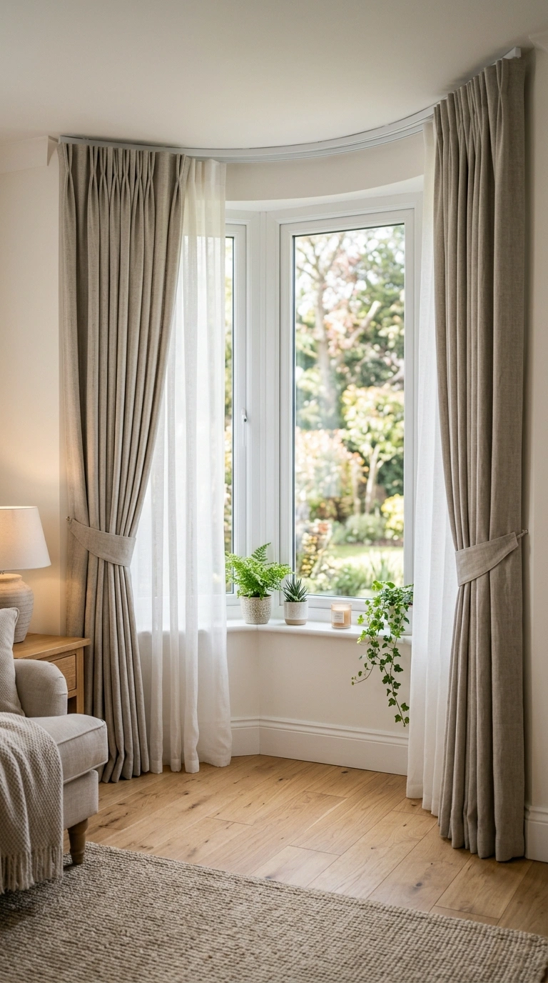 002 Layered Curtain Panels A bay window dressed with s