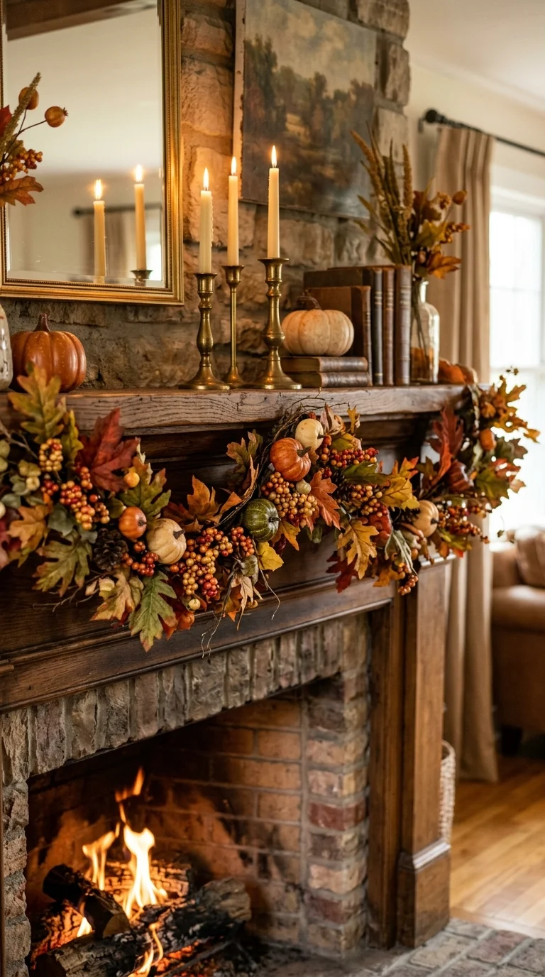 002 Layered Garland Base A fireplace mantel with a fau
