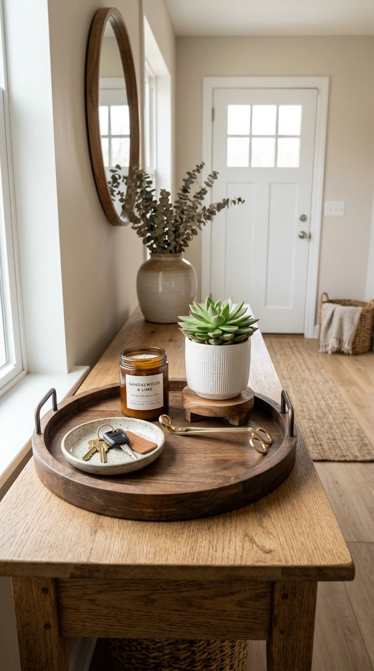 002 Layered Tray Styling An entryway table with a wood