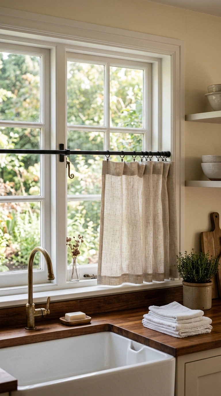 002 Linen Half Curtains A kitchen window over a farmho