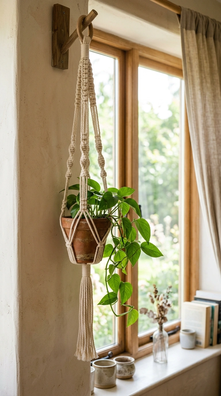 002 Macrame Plant Hanger A simple cream cotton macrame