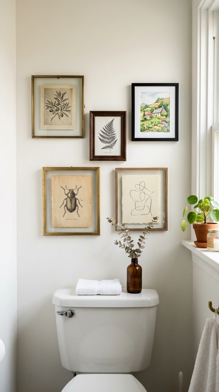 002 Mismatched Wall Art A small bathroom wall above a