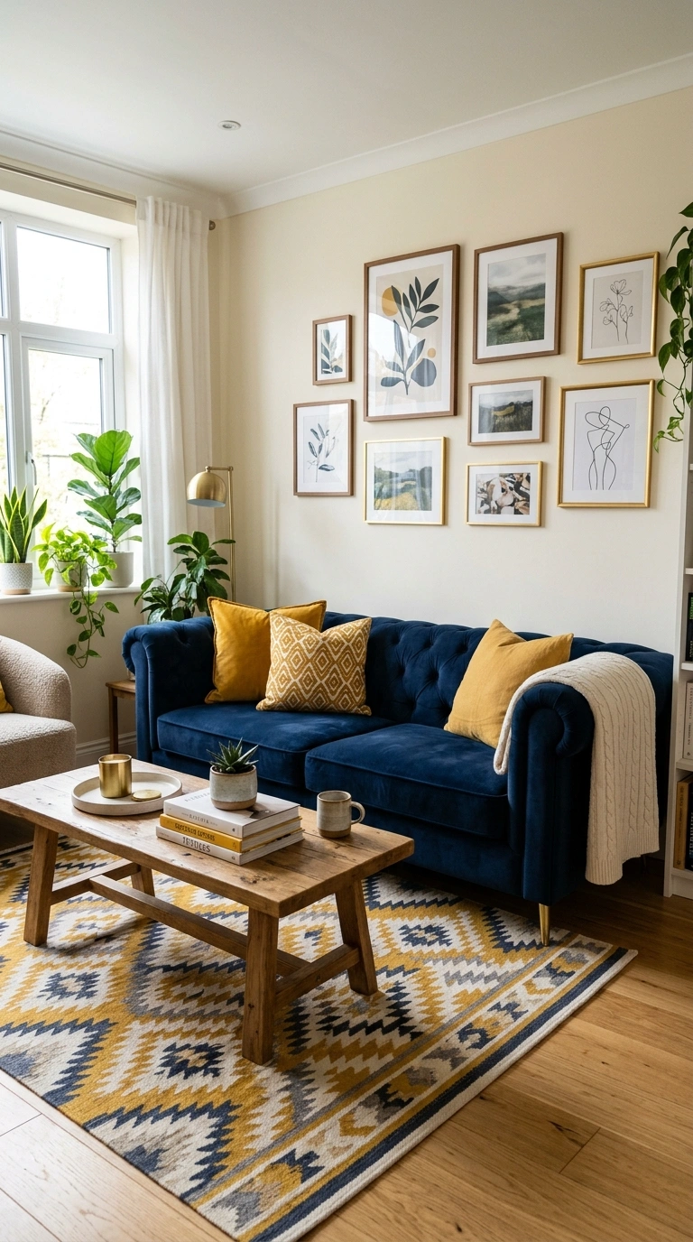 21 Colors That Pair Perfectly With Navy Blue 3 002 Navy And Mustard A living room with a navy blue so