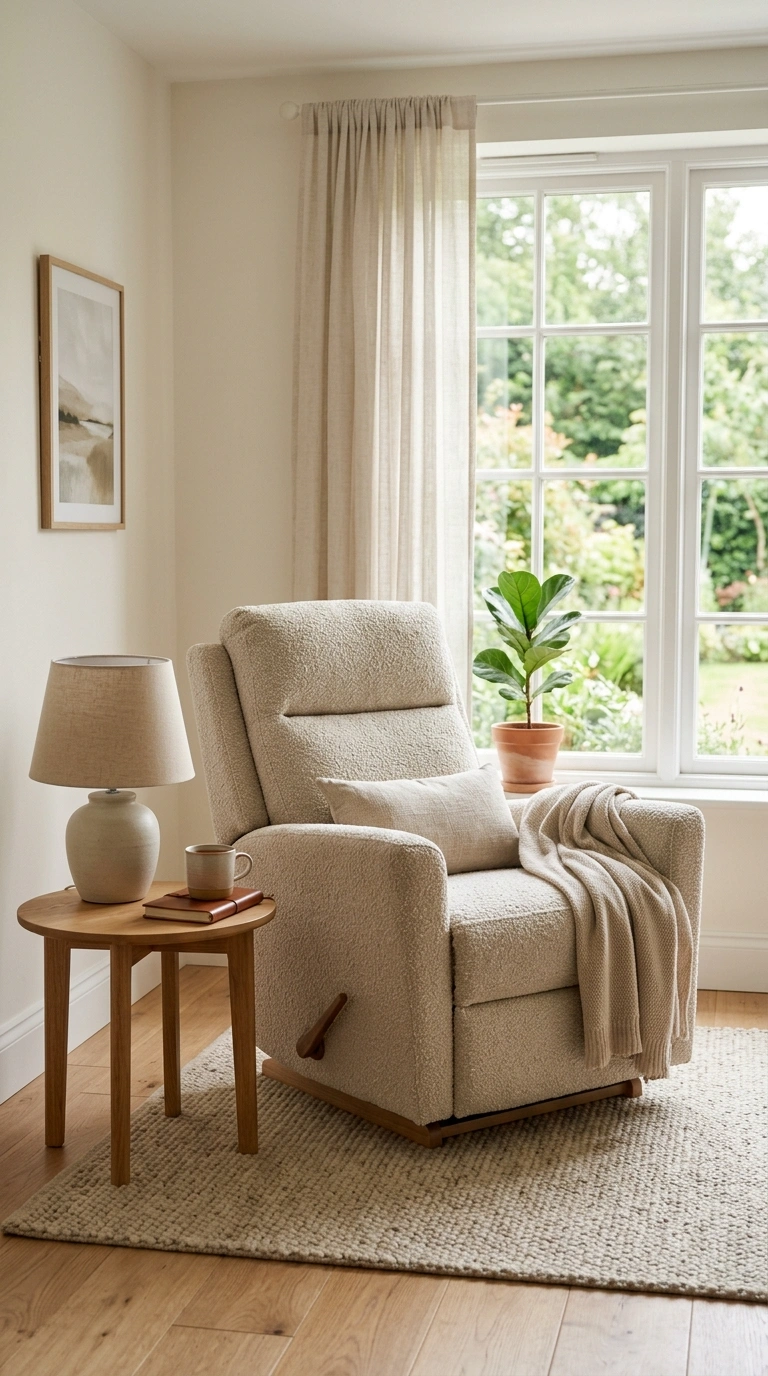 002 Neutral Fabric Recliner A living room with a singl