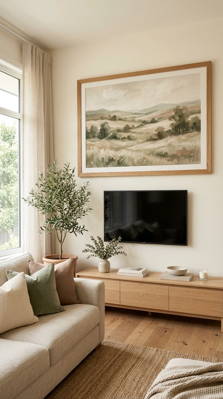 002 Oversized Framed Art A low wall mounted TV above a