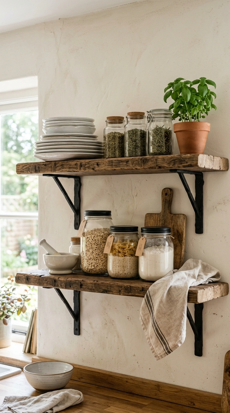 002 Reclaimed Wood Shelves A kitchen wall with open re