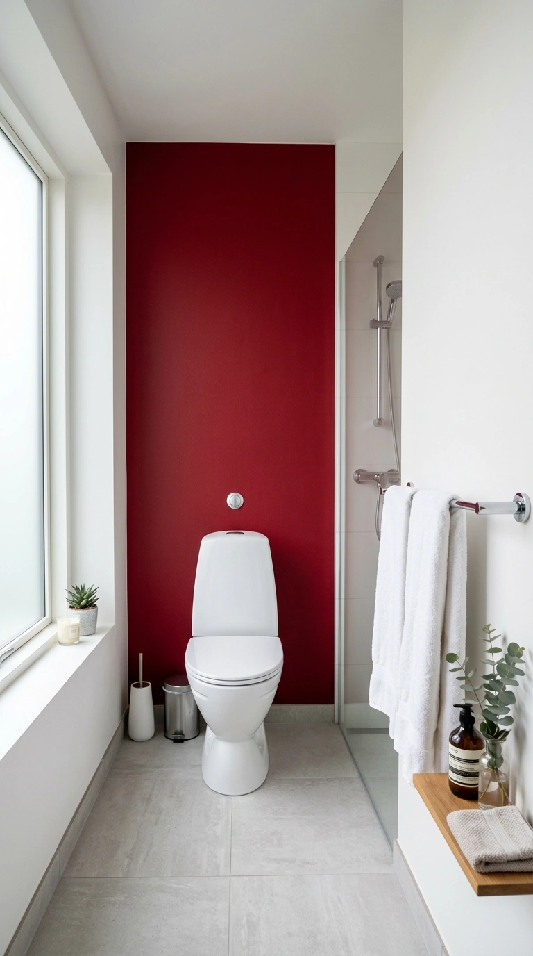 21 Bathroom Wall Decor Ideas for Black, Red & Chrome Themes + Smart Shower Storage 3 002 Red Accent Wall A bathroom with one deep red paint