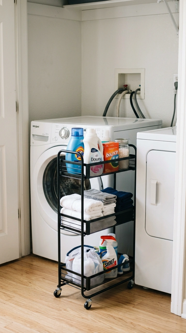 18 Inspiring Super Small Laundry Room Ideas for Apartment Renters 3 002 Rolling Cart Storage A slim black metal rolling ca