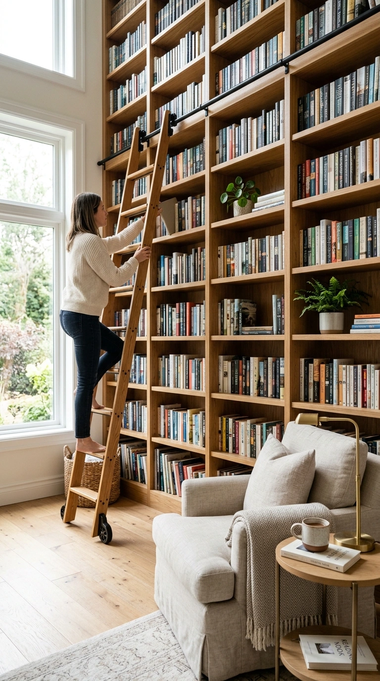 21 Small Home Library Ideas for Book Lovers 3 002 Rolling Library Ladder A tall wall of oak bookshel