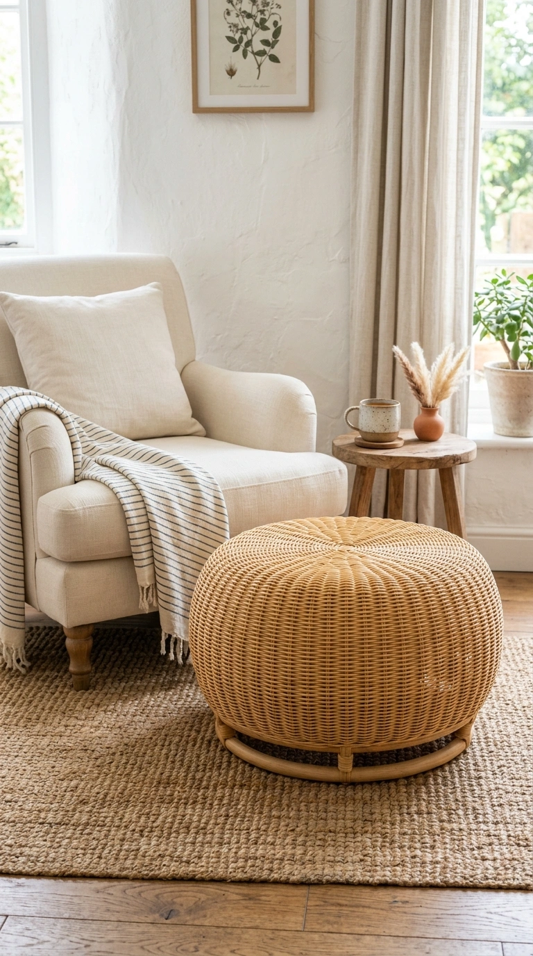 002 Round Rattan Ottoman A round woven rattan ottoman
