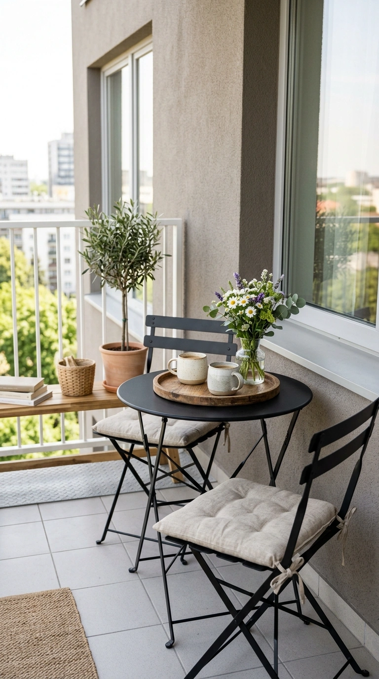 002 Small Bistro Table A narrow balcony corner with a