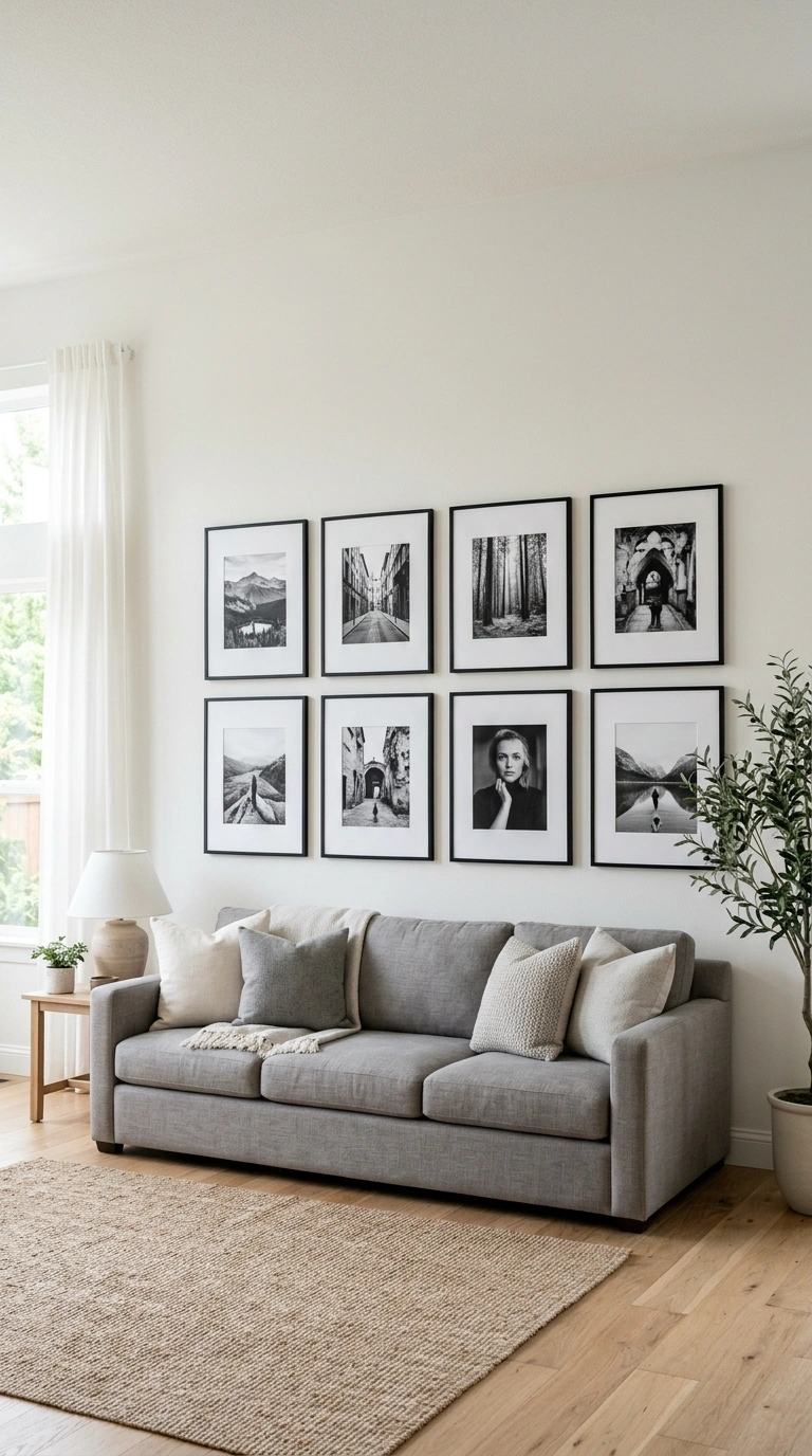 002 Symmetrical Gallery Wall A living room with a neut