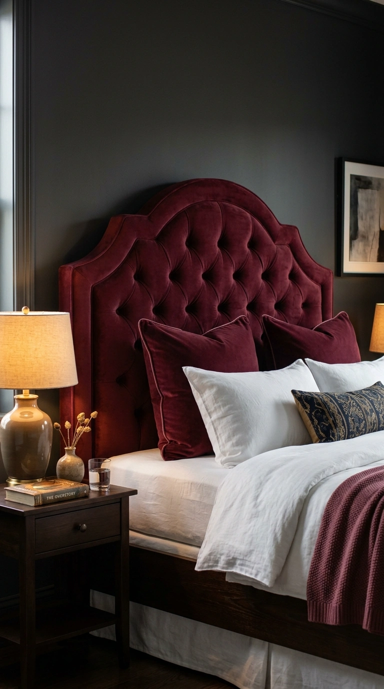 002 Velvet Headboard Bed A tall curved burgundy velvet