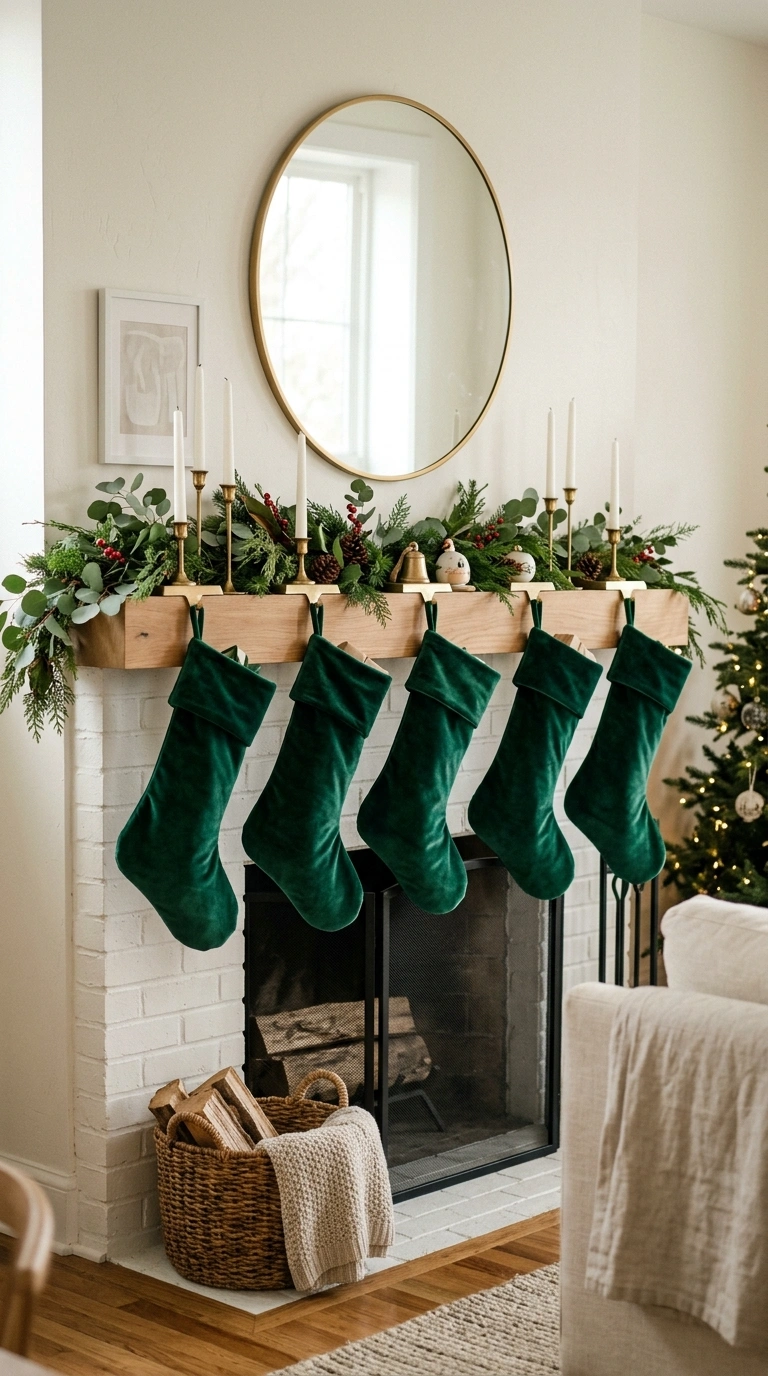002 Velvet Stocking Display A fireplace mantel with a