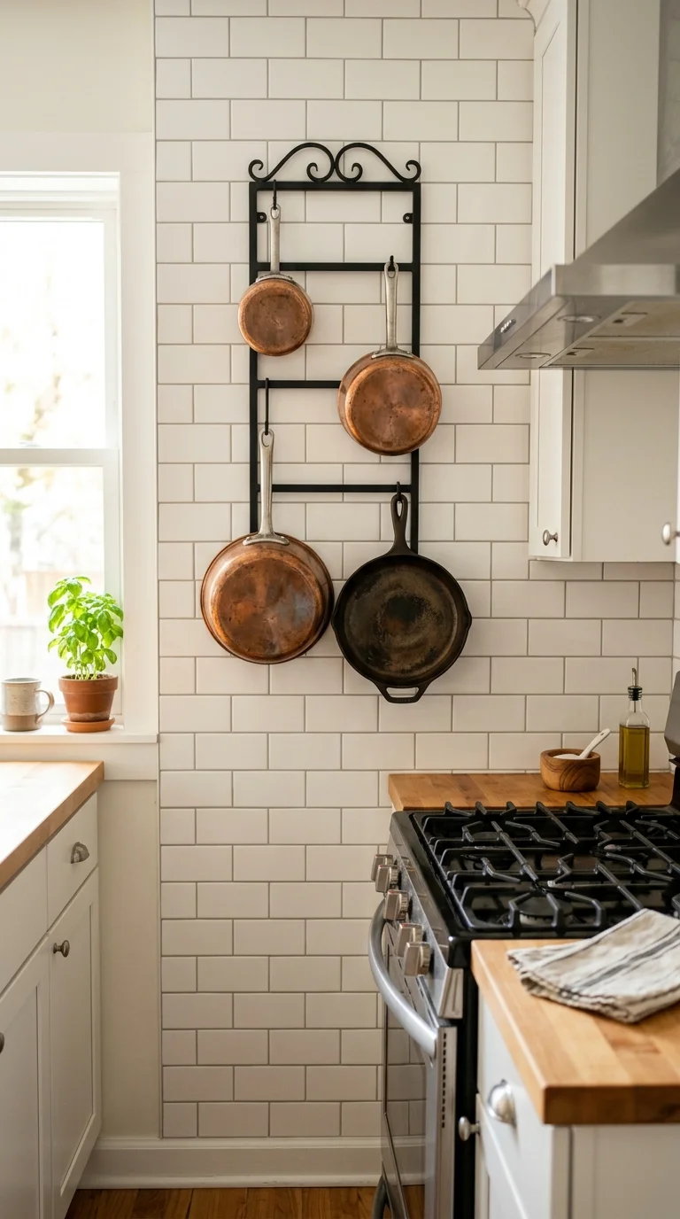 002 Vertical Pot Rack A small kitchen wall beside a st
