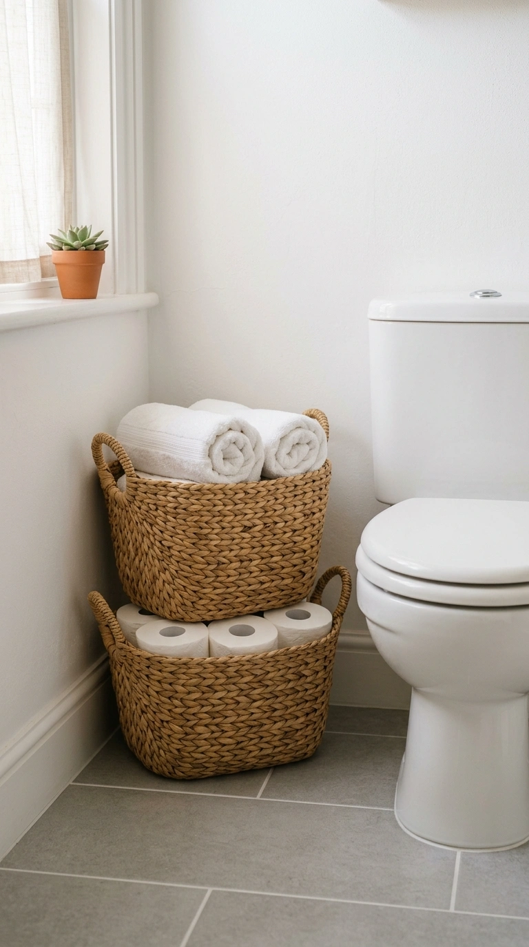 002 Woven Basket Storage A bathroom corner behind a wh