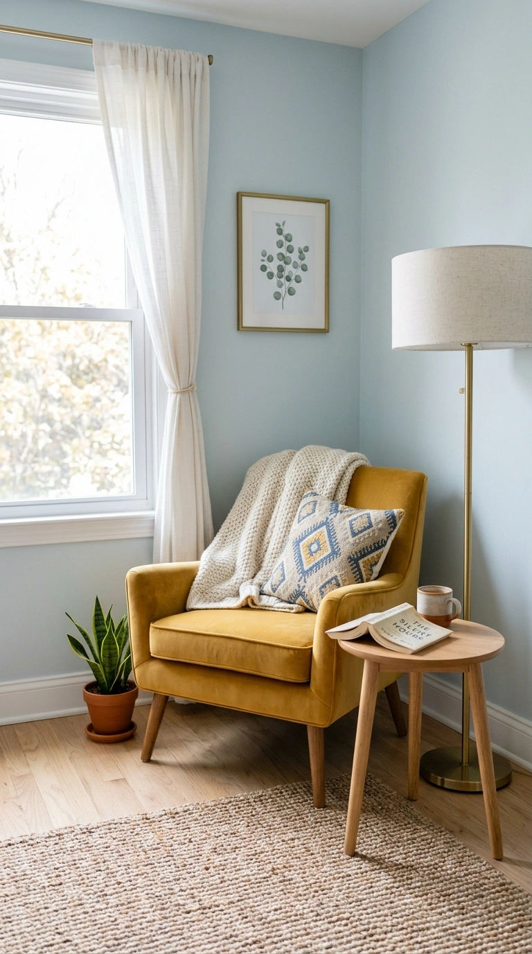 002 Yellow Accent Chair A cozy bedroom corner with lig