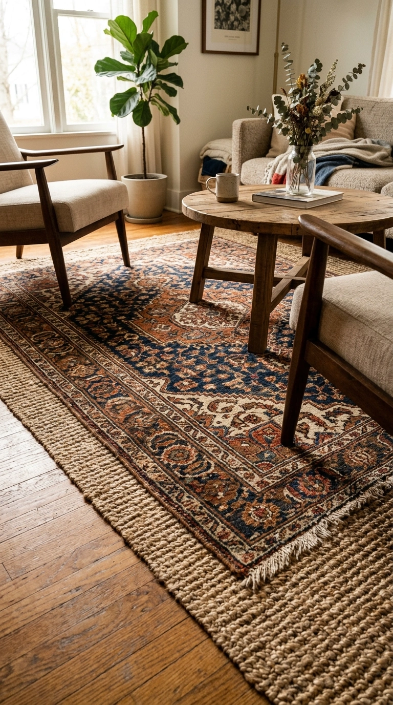 003 3 Layered Earth Rug A living room floor with a pat