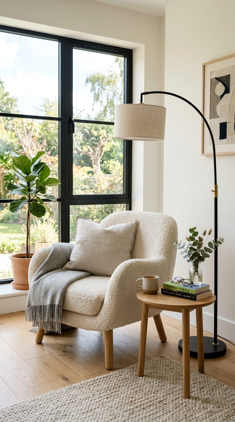 15 Stylish Living Room Trends for 2026 to Inspire Your Next Makeover 4 003 Boucle Accent Chair A reading corner with a cream